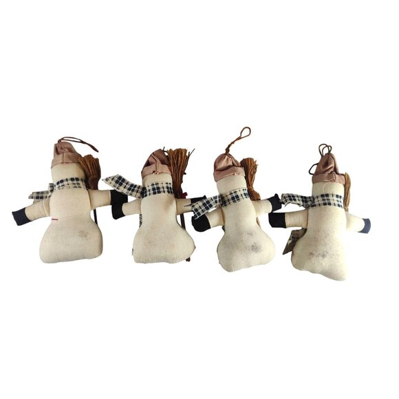 (4) Handmade Snowman Christmas Ornaments With Plaid Scarves Button & Broomsticks - Picture 2 of 8